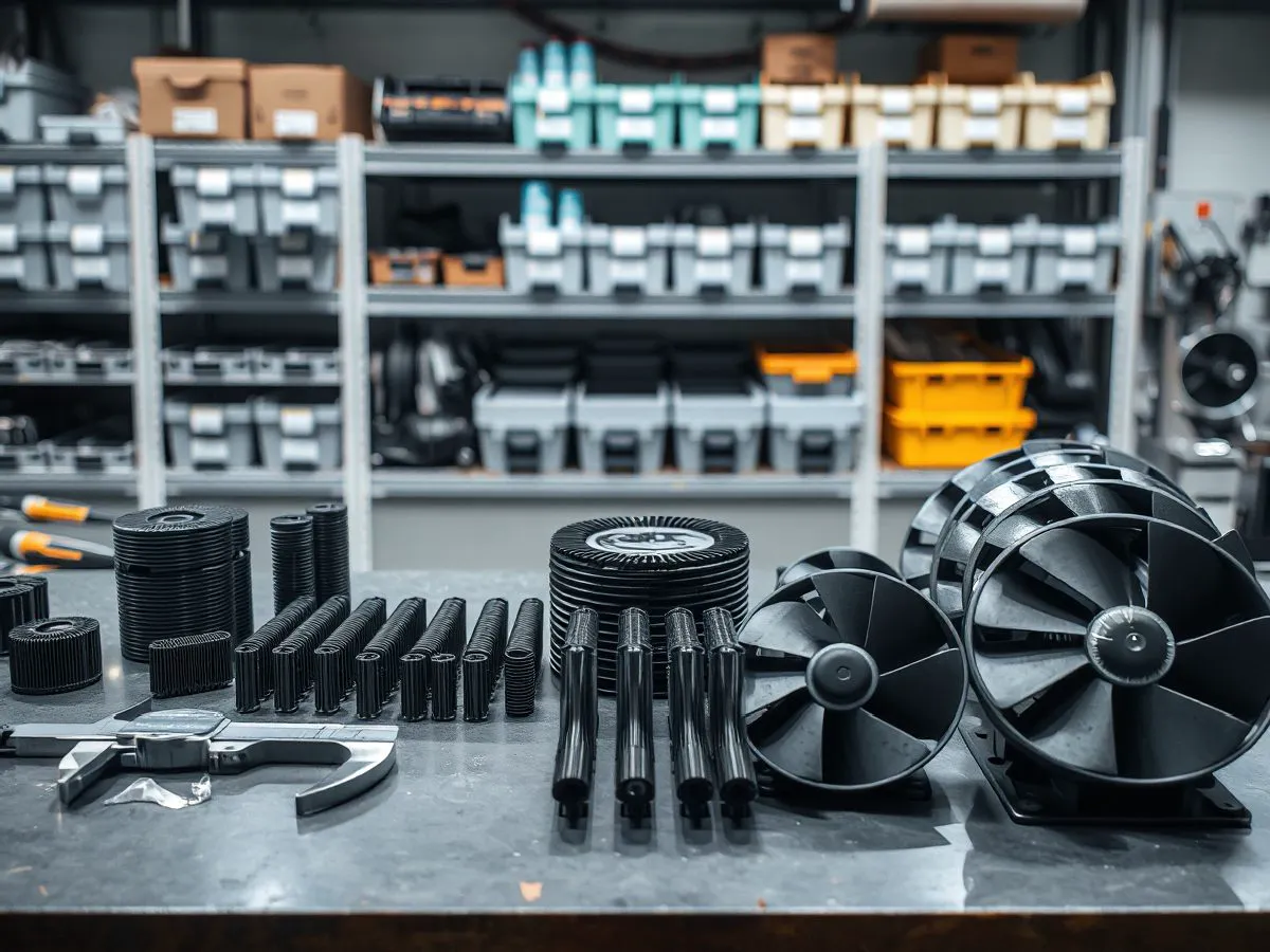 电机碳刷与散热风扇在干净工作台上的排列展示