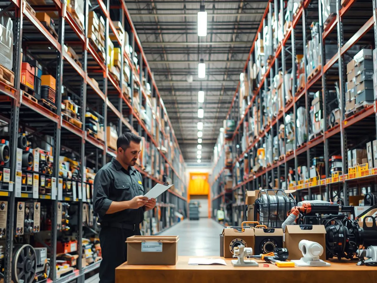工业仓库中整齐排列的配件货架，工作人员核对清单